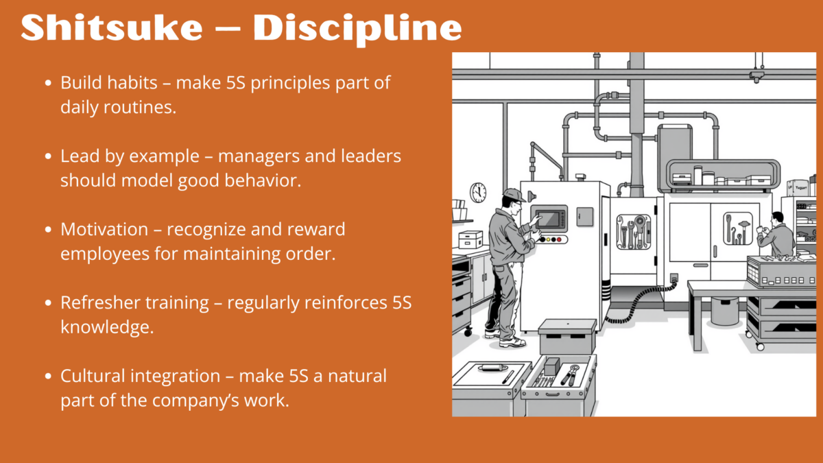Illustration showing Shitsuke – the discipline phase of training 5S methodology in a manufacturing environment.