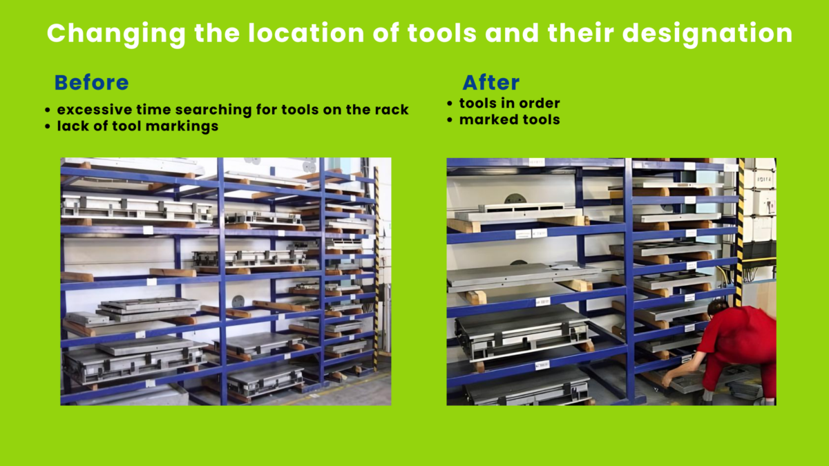 Before and after image showing 5S improvement through tool organization and labeling on shelves.