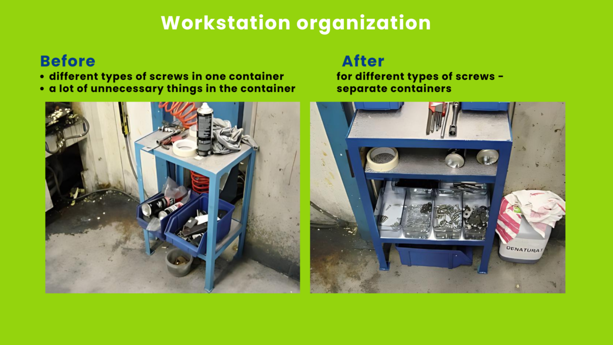 Workstation before and after applying 5S Lean Production principles. 