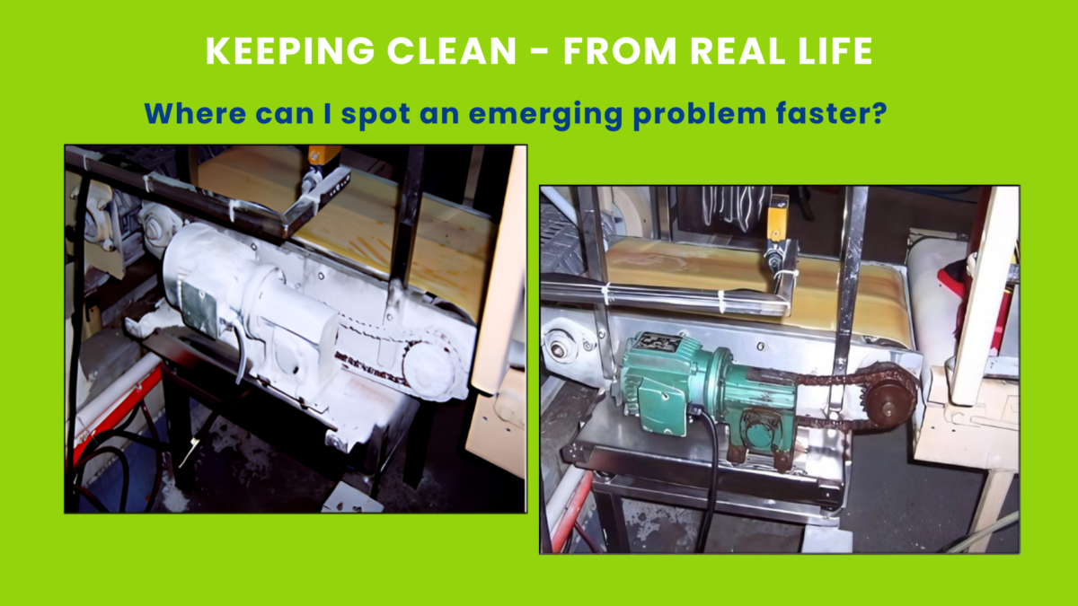 Comparison of two industrial machines, one clean and one dirty, to illustrate the importance of cleanliness in 5S lean production.