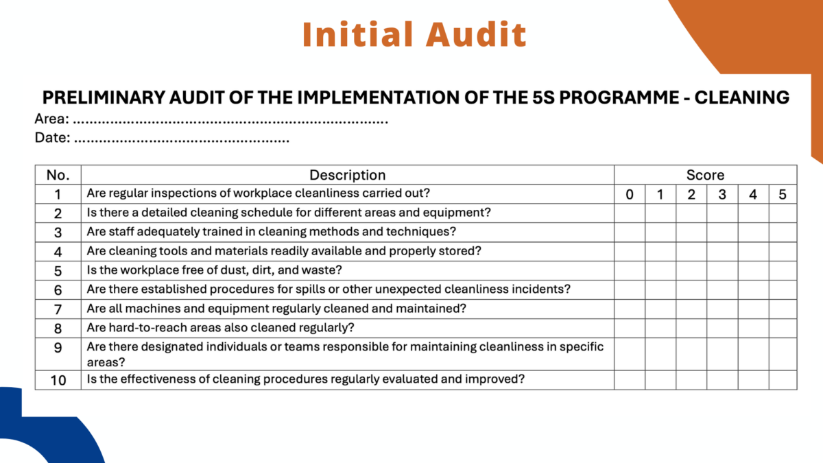 5S checklist example for workplace cleaning audit form with ten scored questions for implementation assessment.