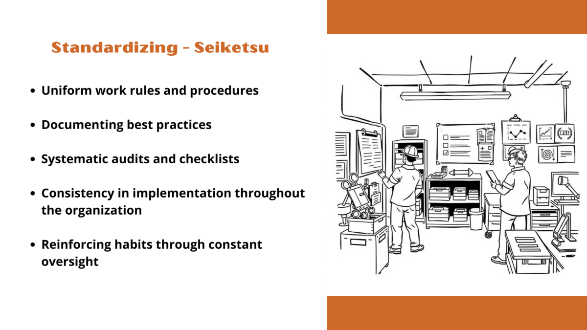 Organized workshop with labeled zones, tools, and shelves; two workers arranging the space. 