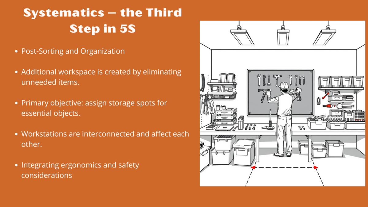 A worker organizing tools on a shadow board in a well-structured workstation — part of the third step in 5S methodology.