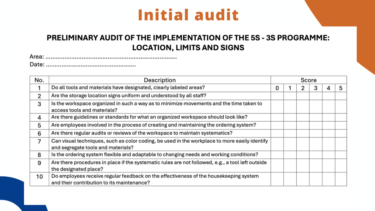 5S methodology implementation checklist for auditing workplace organization, labeling, and system maintenance.