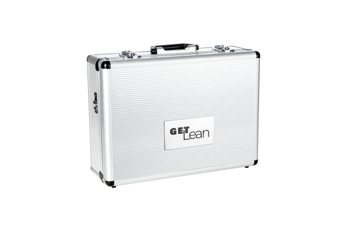 Aluminum case containing GET Lean training set used for lean games and simulation workshops. 
