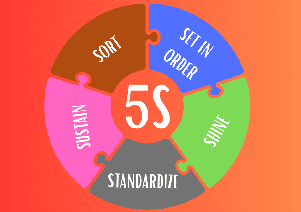 5S System diagram with five colorful puzzle segments: Sort, Set in Order, Shine, Standardize, Sustain