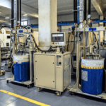 Row of medium-size resin-dispensing stations in a clean, well-lit factory cell.