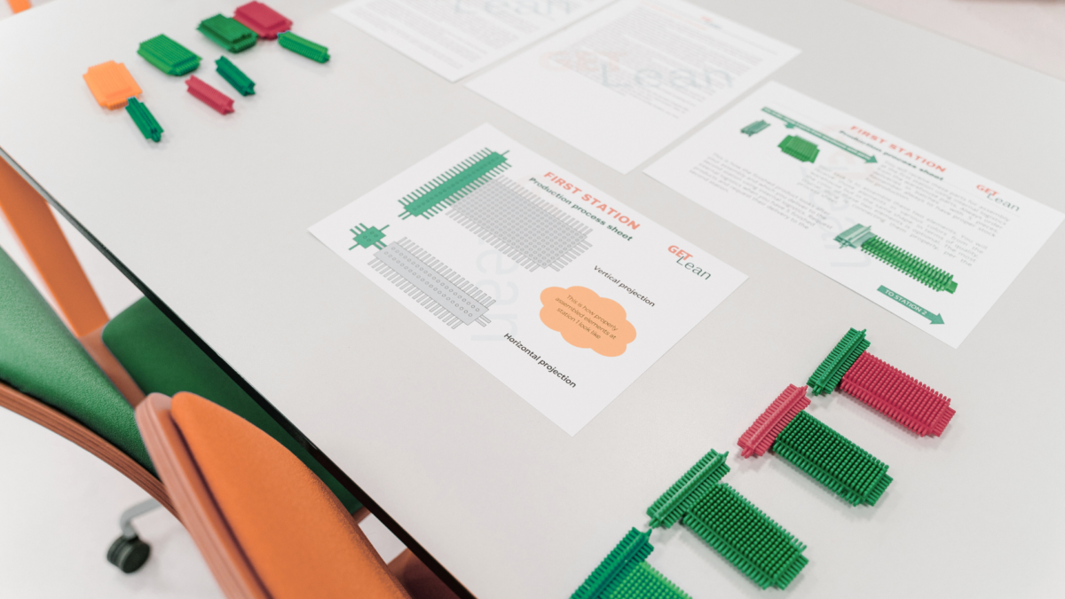First station of a Lean simulation setup with colored blocks and instructions used in free Lean games.