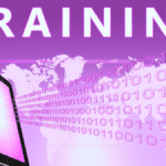 Digital tablet projecting binary code across a world map against a purple backdrop, symbolizing global access to lean courses on line.”