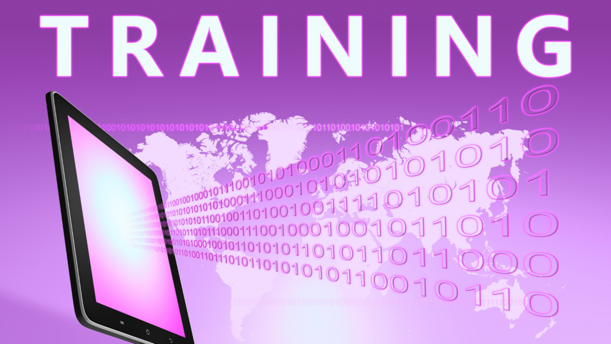 Digital tablet projecting binary code across a world map against a purple backdrop, symbolizing global access to lean courses on line.”