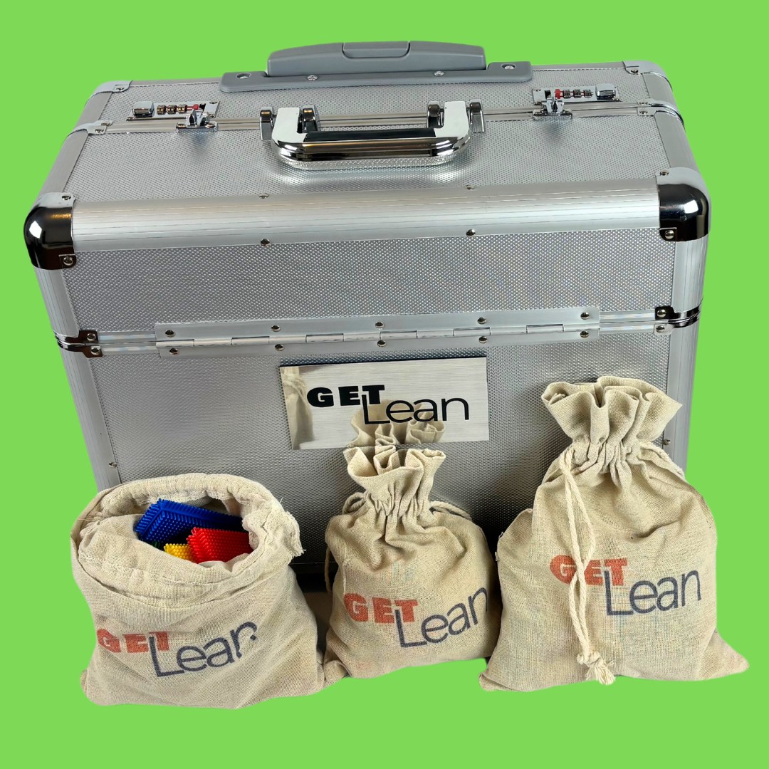 "Game Lean simulation kit with metal case and drawstring bags"