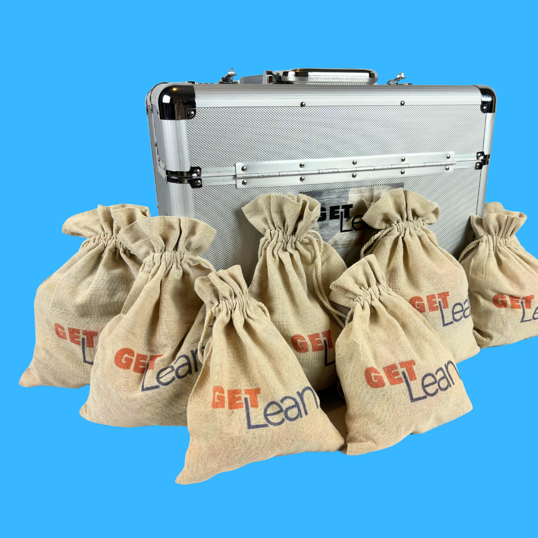 GET LEAN game kit with seven labeled training bags for Lean workshops”